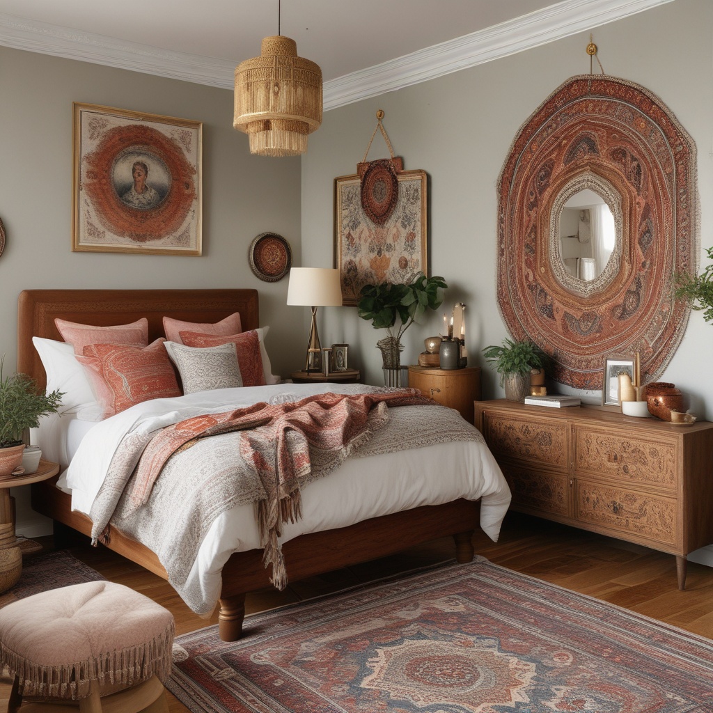 Interior design project showing bohemian bedroom